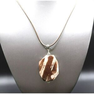 Jasper Pendant Long Necklace Brown White Pinkish Color Stone Silver‎ Tone